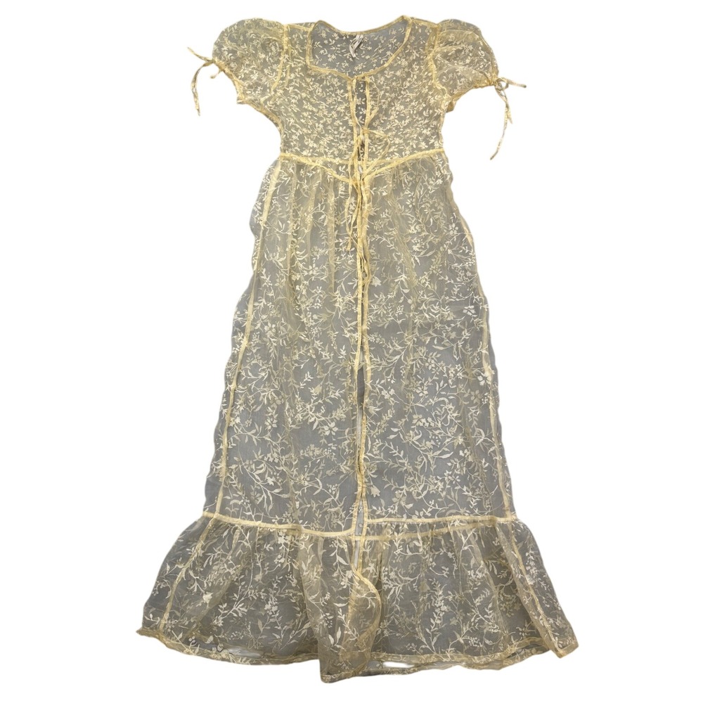 Anthropologie Yellow Floral Lace Sheer Maxi Duster Dress Short‎ Puff Sleeve XXS